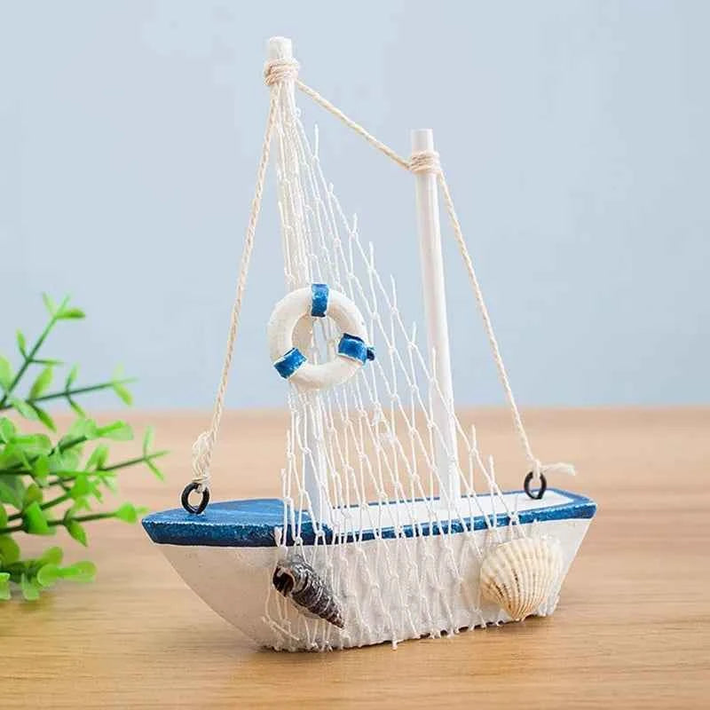 1pc Mini Mediterranean Style Marine Nautical Wooden Blue Sailing Boat Ship Wood Crafts Ornaments Party Room Home Decoration