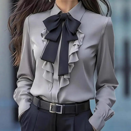 Women Shirts 2026 Spring Autumn Women Shirt Lapel Bow Ruffle Design Long Sleeve Shirt Tops Buttons Closure Shirt Blouses Tops    Your Coastal Marketplace | Shoreshopper.com