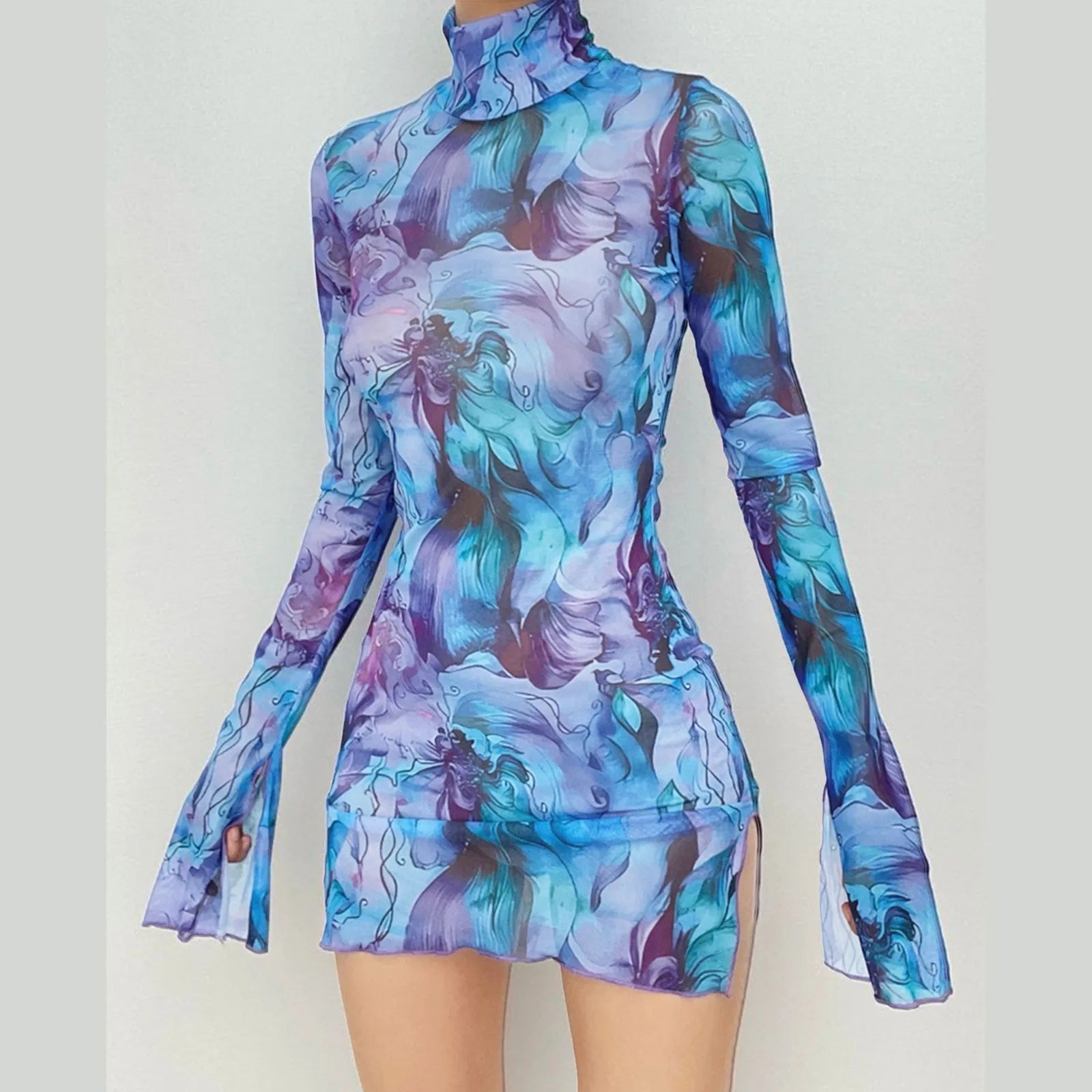 Top Selling Mesh Printed Round Neck Womens Dresses For Teens Plus Size Bell Sleeve Side Open Hip Dress Vestidos Para Mujer    Home Decor Supply | Online Retail | ShoreShopper.com