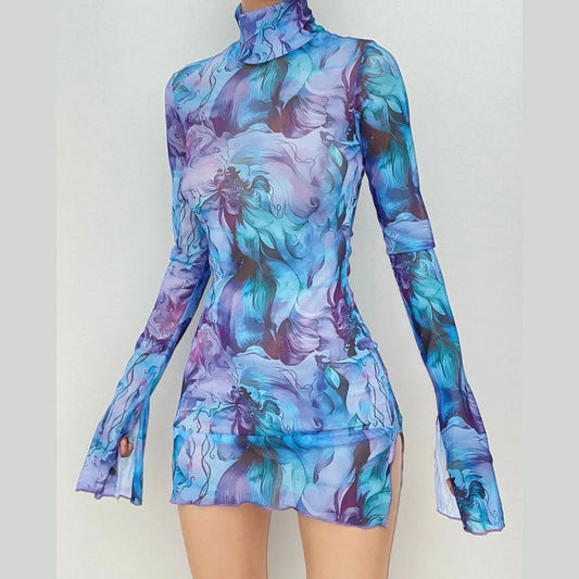 Top Selling Mesh Printed Round Neck Womens Dresses For Teens Plus Size Bell Sleeve Side Open Hip Dress Vestidos Para Mujer    Home Decor Supply | Online Retail | ShoreShopper.com