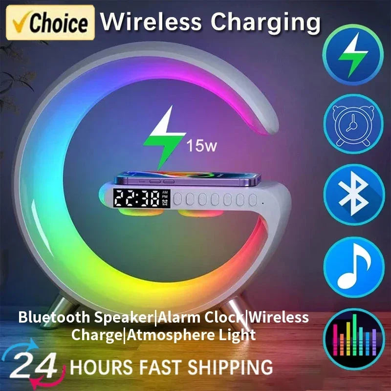 Multifunction RGB Light Bluetooth Speaker Alarm Clock 15W Wireless Charger Stand Pad For iPhone Samsung Fast Charging Station - ShoreCo.Shop