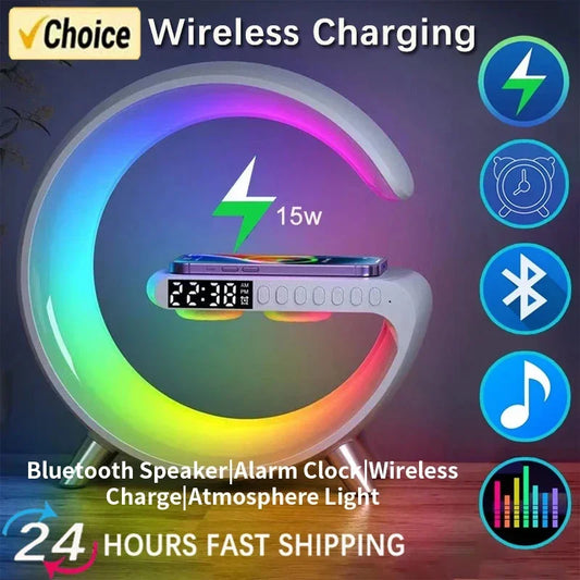 Multifunction RGB Light Bluetooth Speaker Alarm Clock 15W Wireless Charger Stand Pad For iPhone Samsung Fast Charging Station - ShoreCo.Shop