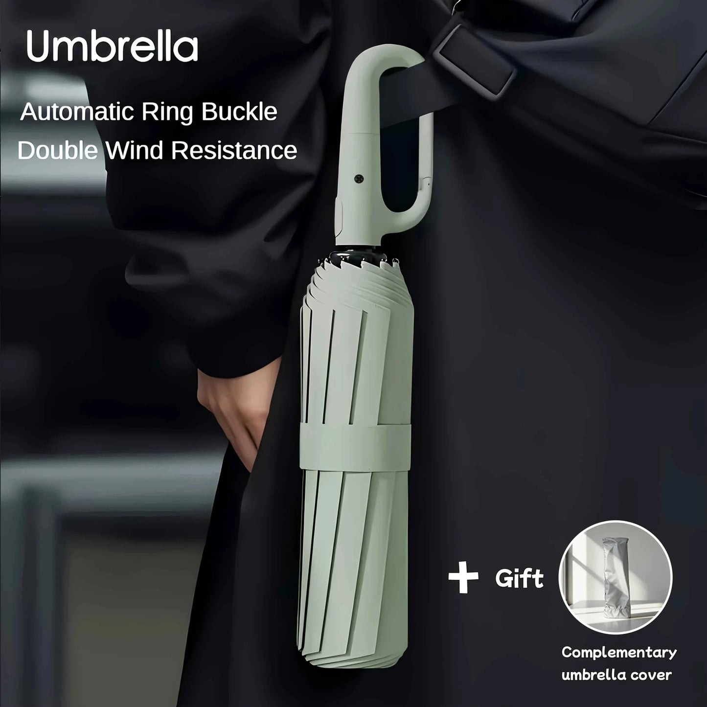 Carabiner Clip, Portable, Hands-free, Automatic Folding Umbrella. Features Reinforced Thickened Windproof Ribs and Canopy