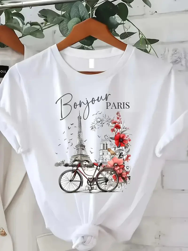 Fashion Bonjour Paris Text Print Short Sleeve Printed T Shirt  Casual Clothing Women's T-Shirt Graphic Clothing Top Tee    Home Decor Supply | Online Retail | ShoreShopper.com