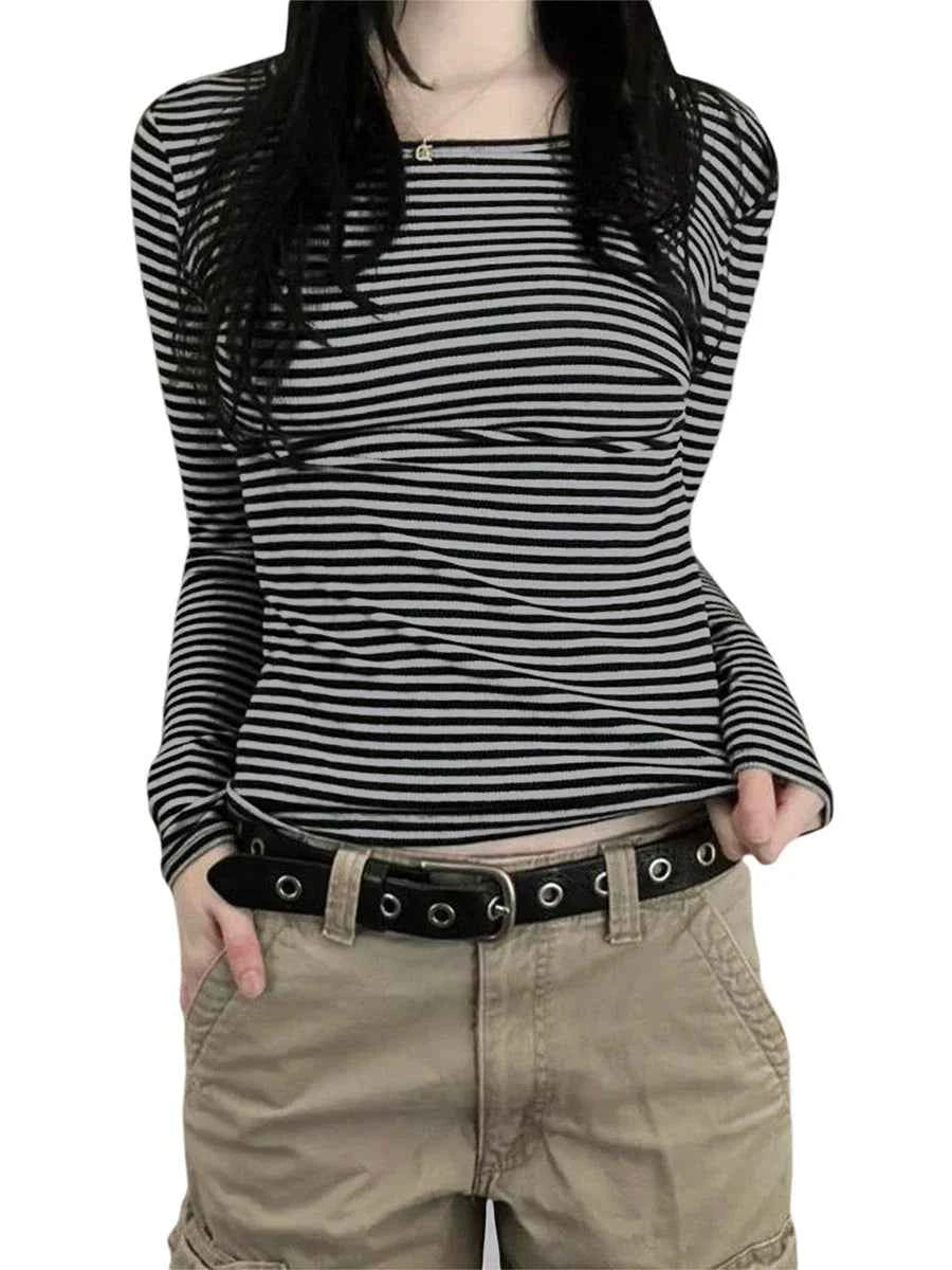Long Sleeve Shirts for Women Fashion Casual Basic Crew Neck Striped Slim Fit T-shirt Going Out Blouses Y2K Vintage Tight Shirts