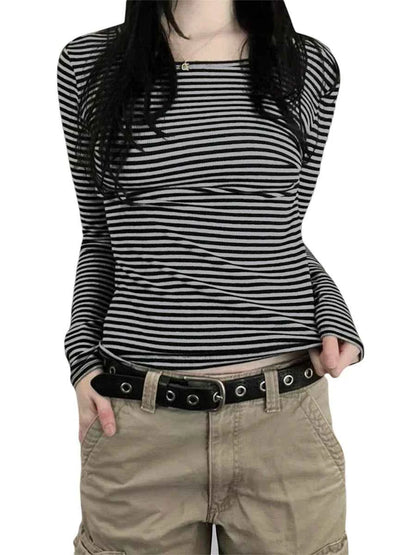 Long Sleeve Shirts for Women Fashion Casual Basic Crew Neck Striped Slim Fit T-shirt Going Out Blouses Y2K Vintage Tight Shirts