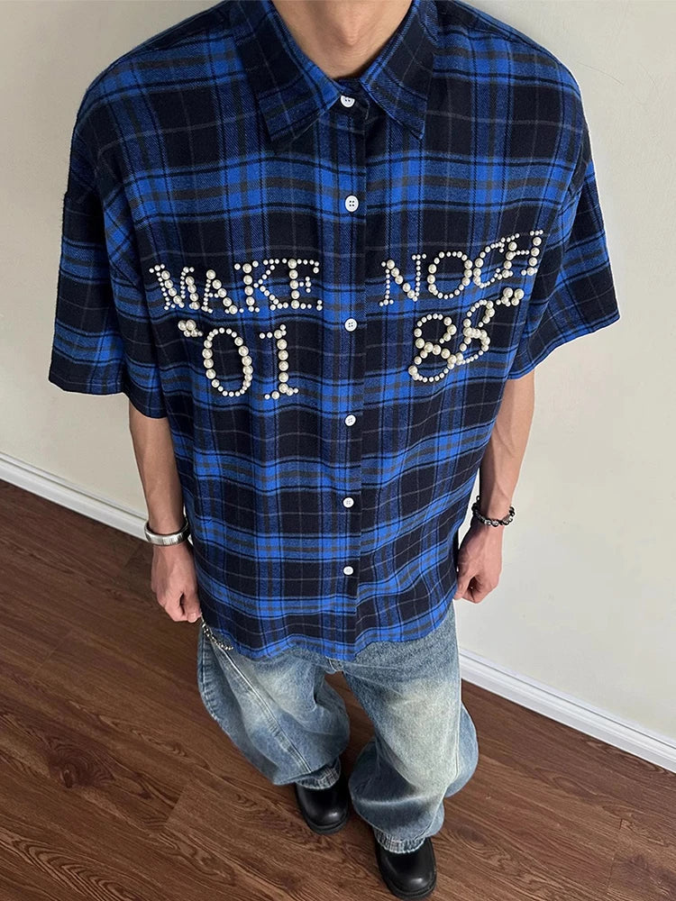 Trendy Pearls Stitching Shirts For Men 2025 Summer New Casual Plaid Shirt Mens Vintage Button-up Turn-down Collar Cardigan Tops    Home Decor Supply | Online Retail | ShoreShopper.com