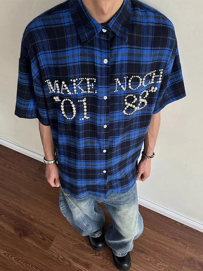 Trendy Pearls Stitching Shirts For Men 2025 Summer New Casual Plaid Shirt Mens Vintage Button-up Turn-down Collar Cardigan Tops    Home Decor Supply | Online Retail | ShoreShopper.com