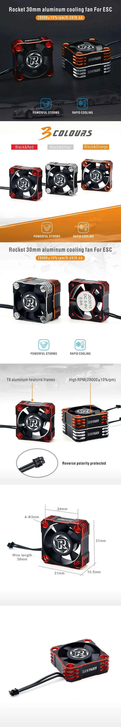 ROCKET-RC 25/30/35/40/50mm V2 Metal Cooling Fan 32000/28000/21000/16000/10000RPM for 1/8 1/10 1/12 RC Car 540/550/3650 Motor ESC