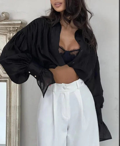 Women's Shirt Long Sleeve Turn-down Collar Sexy See-through Loose Button Women Shirts Beach Style Simple Solid Color Casual Tops    Your Coastal Marketplace | Shoreshopper.com