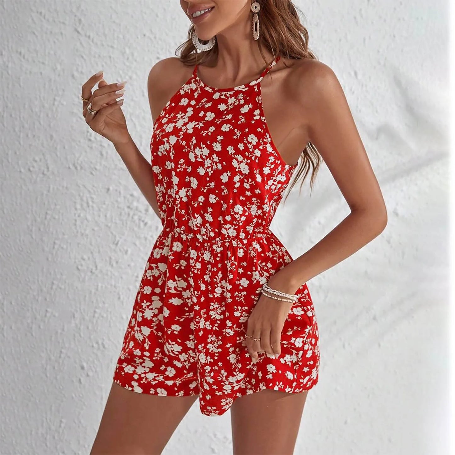 Fashion Women Romper Floral Printed Halter Neck High Waist Sleeveless Jumpsuits Summer Vintage Lace Up Casual Beach Overalls - ShoreCo.Shop