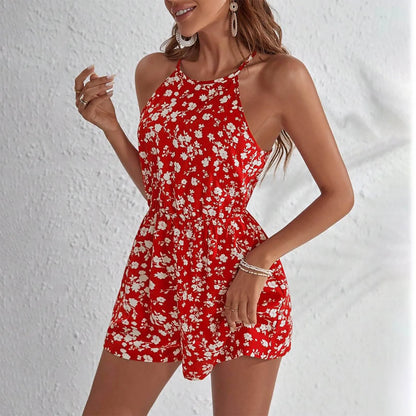 Fashion Women Romper Floral Printed Halter Neck High Waist Sleeveless Jumpsuits Summer Vintage Lace Up Casual Beach Overalls - ShoreCo.Shop
