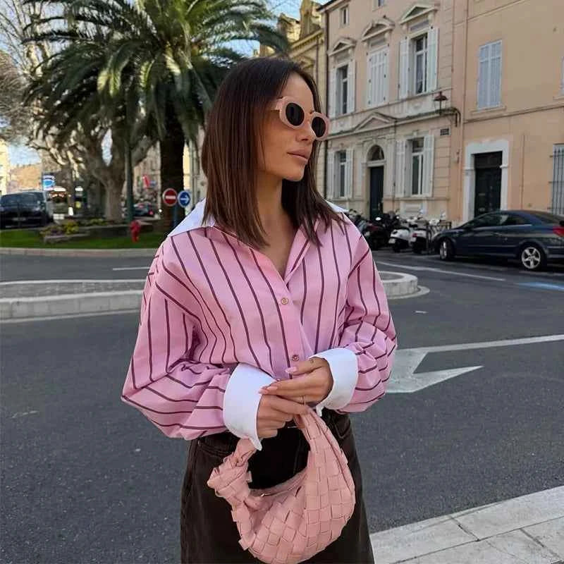 Women's Shirts Spring New Fashion Striped Loose Shirt Women Turn-down Collar Long Sleeves Casual Shirts Female Blouses Chic Tops