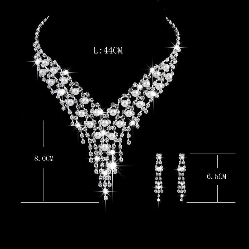 Luxury Long Tassels Jewelry Pearl Necklace Earing Set Crystal Zircon Wedding Bridal Jewelry Sets For Women Bijoux Mariage Zestaw    Home Decor Supply | Online Retail | ShoreShopper.com
