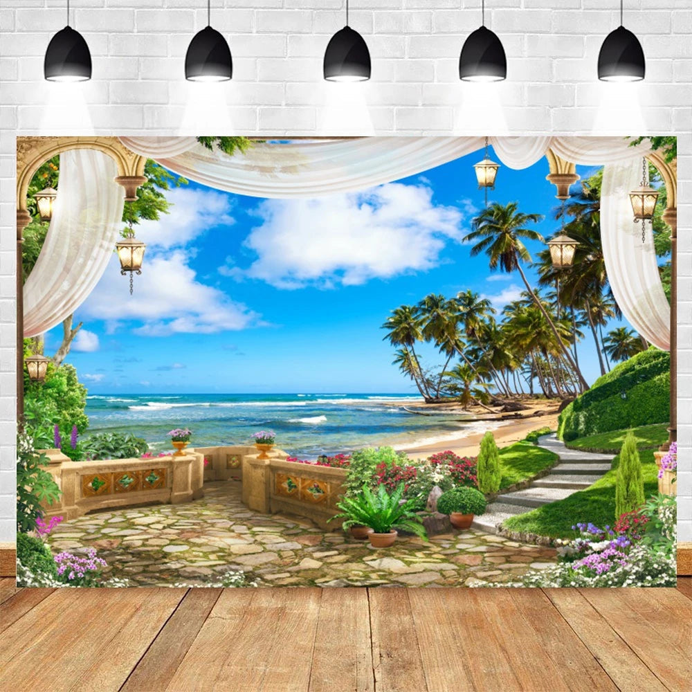 Summer Seaside Beach Photography Backdrop Natural Scenery Castle Tropical Sunshine Palms Leaves Photo Background Studio Props    Your Coastal Marketplace | Shoreshopper.com