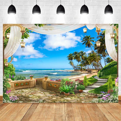 Summer Seaside Beach Photography Backdrop Natural Scenery Castle Tropical Sunshine Palms Leaves Photo Background Studio Props    Your Coastal Marketplace | Shoreshopper.com