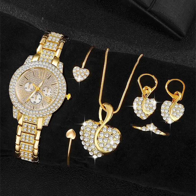 Women's Quartz Watch Gold Luxury Women Ring Necklace Earring Rhinestone Fashion Wristwatch Casual Ladies Watches Jewelry Set    Home Decor Supply | Online Retail | ShoreShopper.com