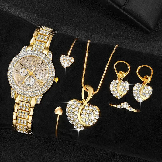 Women's Quartz Watch Gold Luxury Women Ring Necklace Earring Rhinestone Fashion Wristwatch Casual Ladies Watches Jewelry Set    Home Decor Supply | Online Retail | ShoreShopper.com