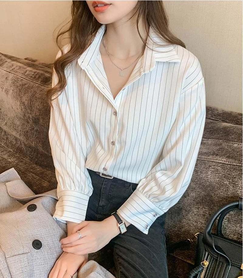 Striped Shirt Women Summer Vintage Chic Loose Long Sleeve Top Y2K Office Ladies Fashion Casual Turn Down Collar All Match Blouse    Your Coastal Marketplace | Shoreshopper.com
