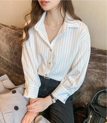 Striped Shirt Women Summer Vintage Chic Loose Long Sleeve Top Y2K Office Ladies Fashion Casual Turn Down Collar All Match Blouse    Your Coastal Marketplace | Shoreshopper.com