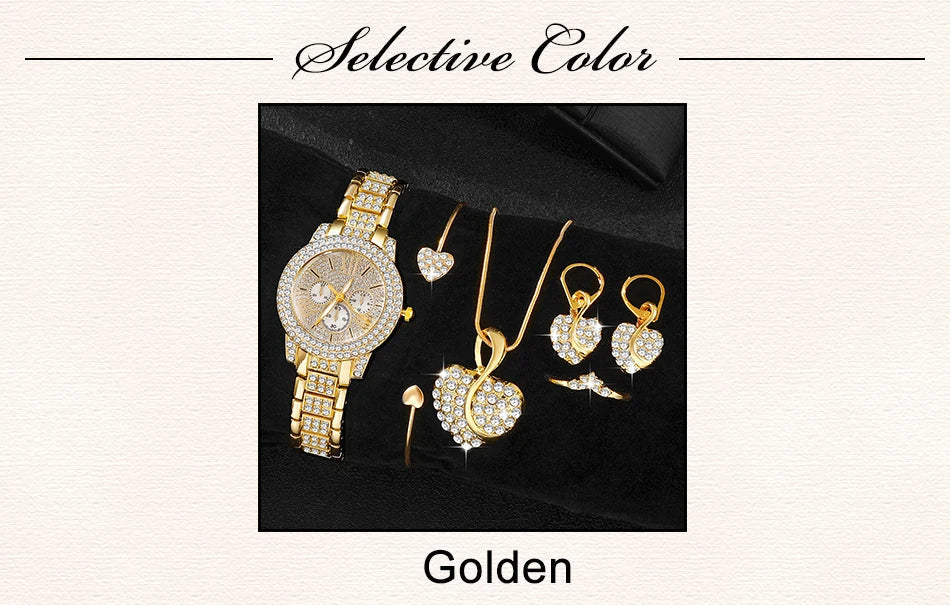 Women's Quartz Watch Gold Luxury Women Ring Necklace Earring Rhinestone Fashion Wristwatch Casual Ladies Watches Jewelry Set    Home Decor Supply | Online Retail | ShoreShopper.com