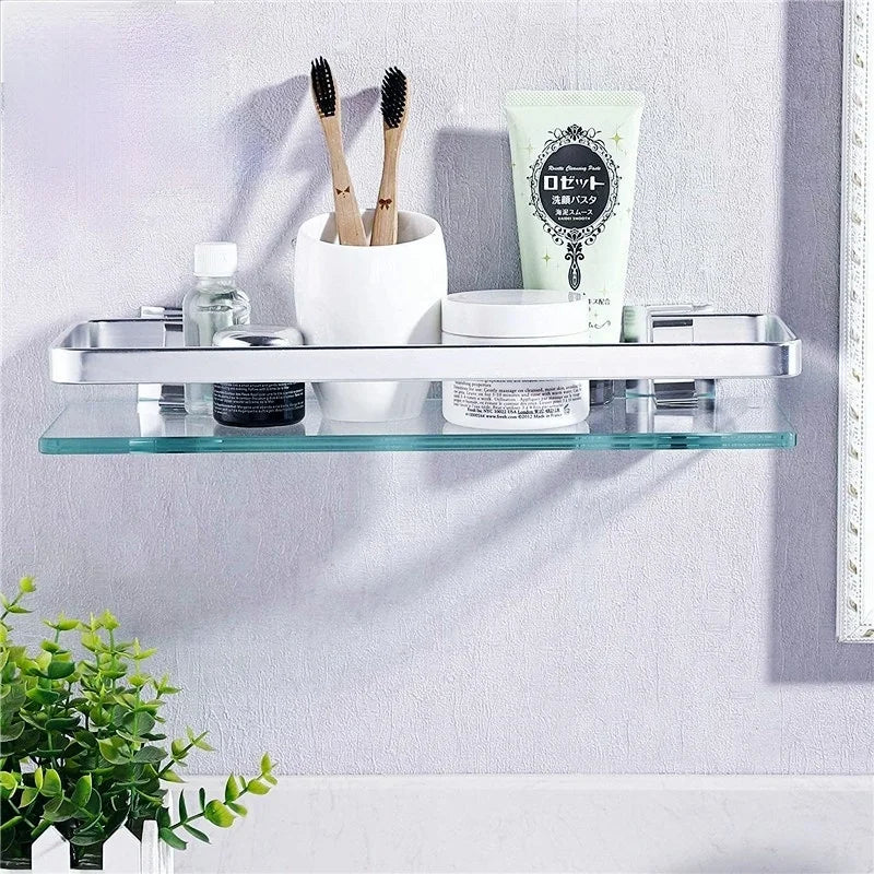 Tempered Glass Bathroom Shelf Aluminum Storage Rack Rectangular 30 40 50cm 1 Tier Silver Sand Sprayed Wall Mounted    Home Decor Supply | Online Retail | ShoreShopper.com