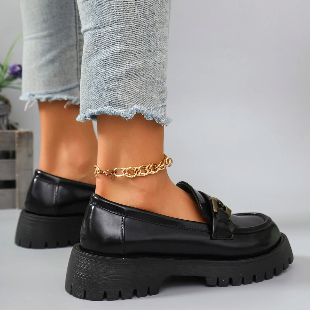 2025 Female Shoes Women Fashion Mary Janes Round Toe Flats Loafers Oxfords Platform Casual Metal Chain Buckle Ladies Heels Black    Your Coastal Marketplace | Shoreshopper.com