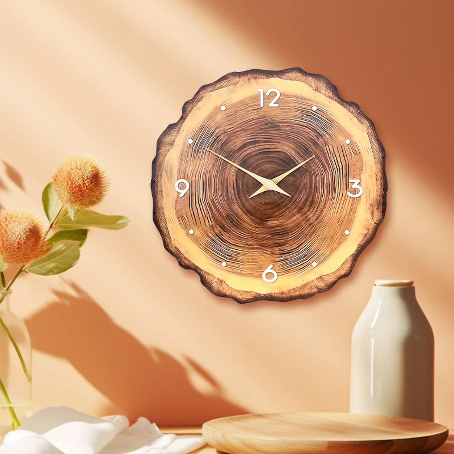 1pc wooden ring veneer wall clock, flat wood cross section texture pattern solid wood pointer design wall clock, silent clock    Home Decor Supply | Online Retail | ShoreShopper.com