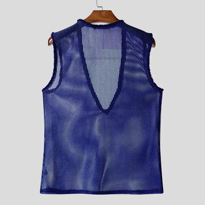 INCERUN Men Tank Tops Hollow Out Mesh See Through Sexy Tassel Male Vests Summer 2025 Solid Color Fashion Streetwear Men Clothing - ShoreCo.Shop
