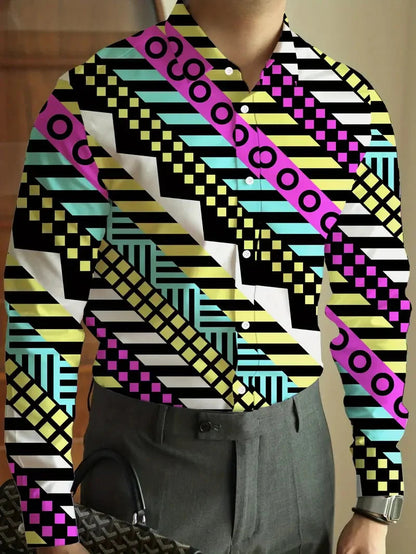 Men's shirt checkered striped geometric lapel street print long sleeved clothing fashionable streetwear designer casual    Home Decor Supply | Online Retail | ShoreShopper.com