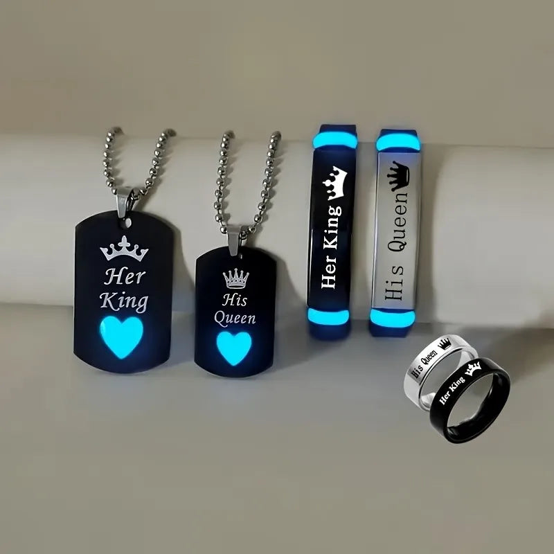 Stainless Steel Luminous Her King&His Queen Crown Jewelry Sets for Women Necklace Bracelet Ring Statement Couple Jewelry Gifts    Home Decor Supply | Online Retail | ShoreShopper.com