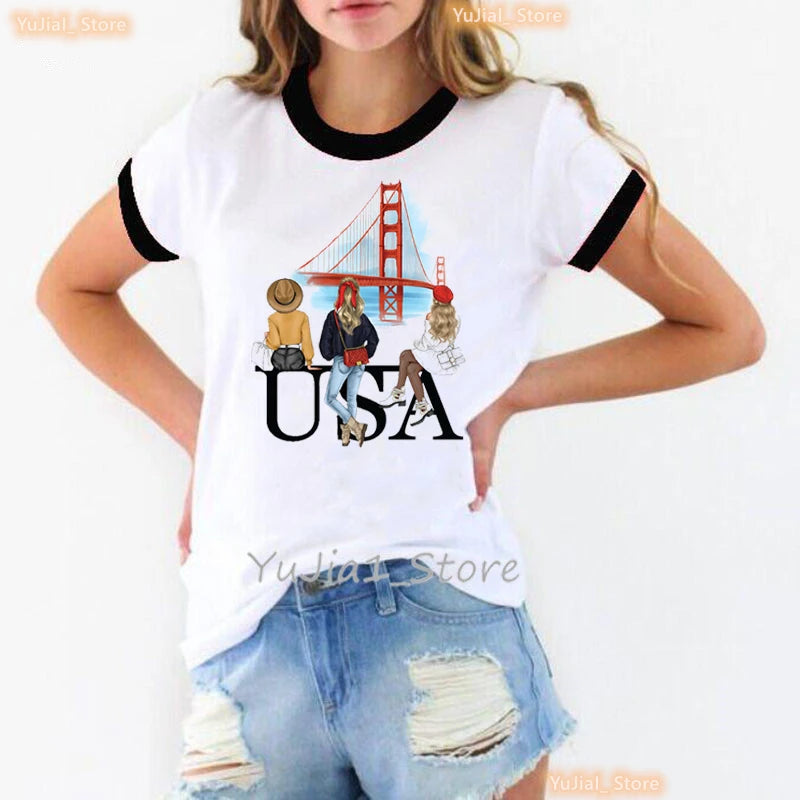 Traveling To Usa Graphic Printed Tshirt Women Paris Eiffel Tower Italy T Shirt Femme Summer Tops Short Sleeve T-Shirt Female    Home Decor Supply | Online Retail | ShoreShopper.com
