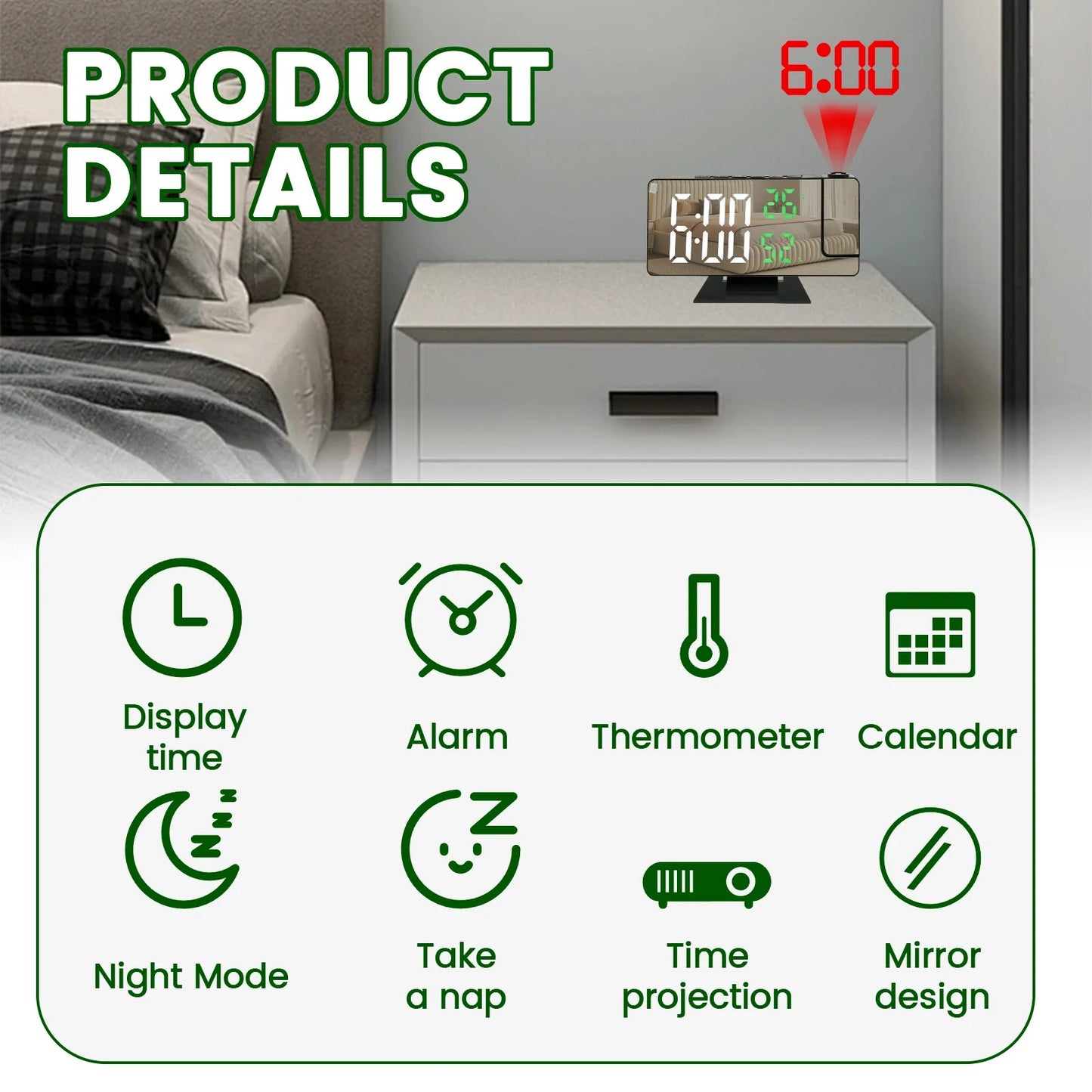 Projection digital alarm clock 180 ° arm projection LED alarm clock multifunctional USB plug in projector desktop LED clock    Home Decor Supply | Online Retail | ShoreShopper.com