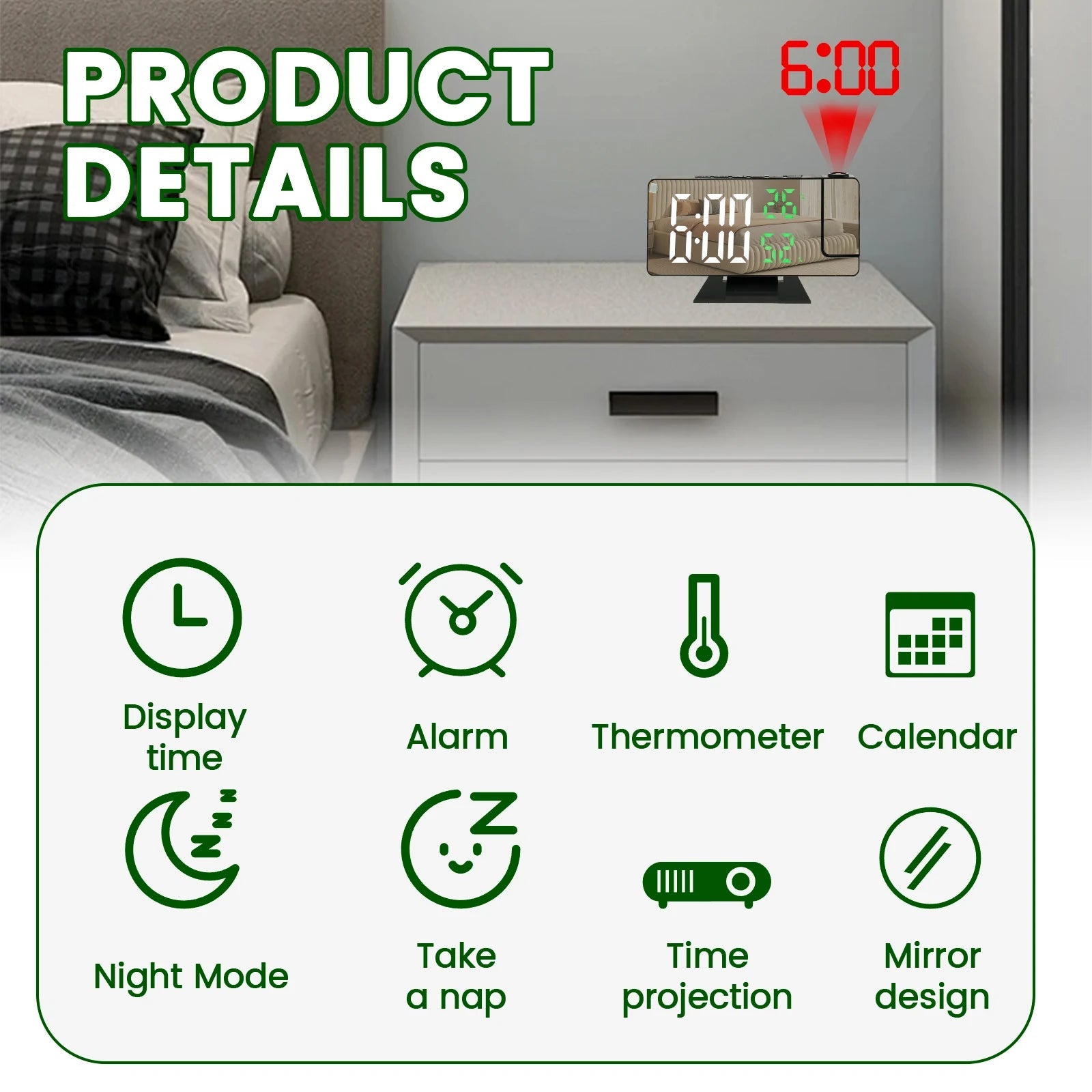 Projection digital alarm clock 180 ° arm projection LED alarm clock multifunctional USB plug in projector desktop LED clock    Home Decor Supply | Online Retail | ShoreShopper.com