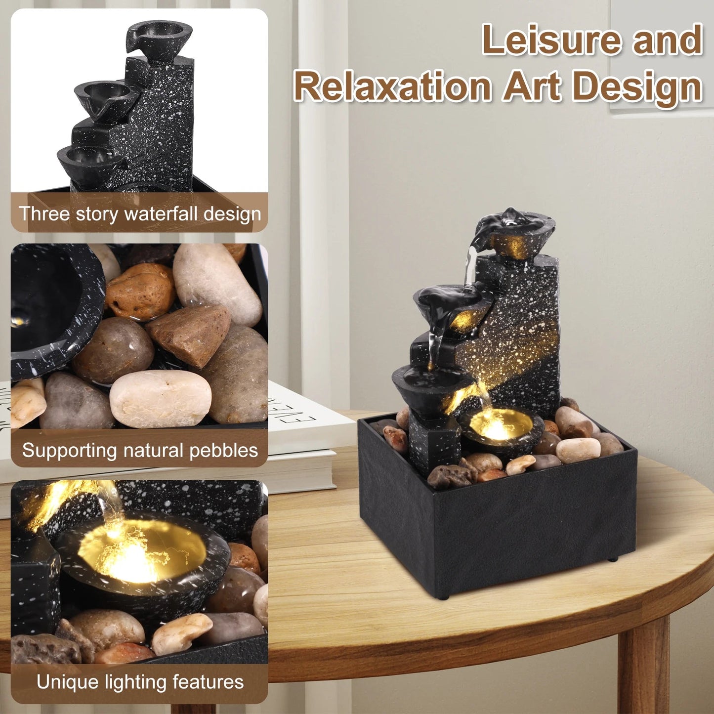 Desktop Art Waterfall Fountain with LED Light, Small Indoor Zen Ornament for Home Living Room Bedroom Office Decor    Home Decor Supply | Online Retail | ShoreShopper.com