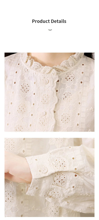Women'S Shirt Spring Hollow Lace Ruffles O Neck Elegant Apricot Tops Long Sleeve Embroidered Cotton Shirt Vitnage Office Lady    Your Coastal Marketplace | Shoreshopper.com