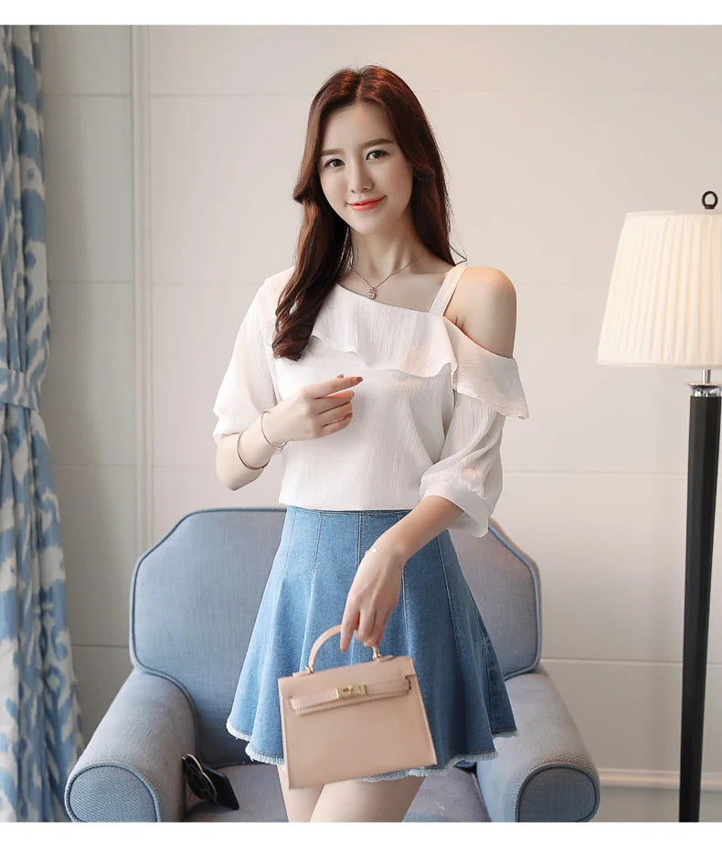 Women's Shirt Tops One-Shoulder Ruffles Short-sleeved Chiffon Blouse    Your Coastal Marketplace | Shoreshopper.com