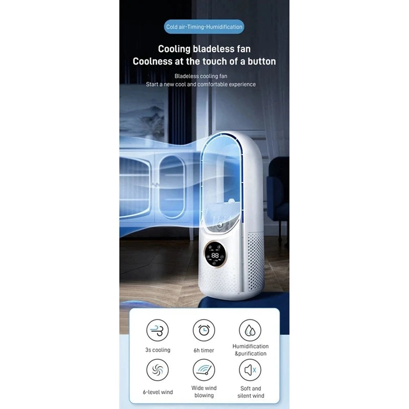 Portable USB Air Cooler Leafless Electric Fan 6 Speed Silent Timer Air Conditioner Cooling Fan Humidifier Conditioning Fan - ShoreCo.Shop