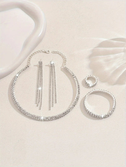 5pcs Luxurious Rhinestone Jewelry Set for Women,Choker, Earrings, Stretch Bracelet & Ring for Weddings, Banquets & Parties    Home Decor Supply | Online Retail | ShoreShopper.com