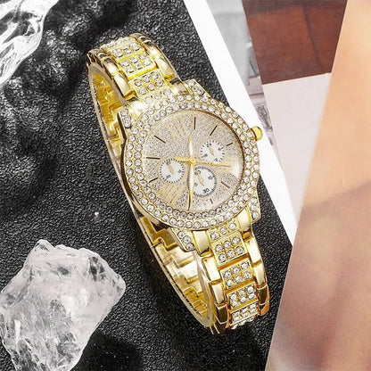 Women's Quartz Watch Gold Luxury Women Ring Necklace Earring Rhinestone Fashion Wristwatch Casual Ladies Watches Jewelry Set    Home Decor Supply | Online Retail | ShoreShopper.com
