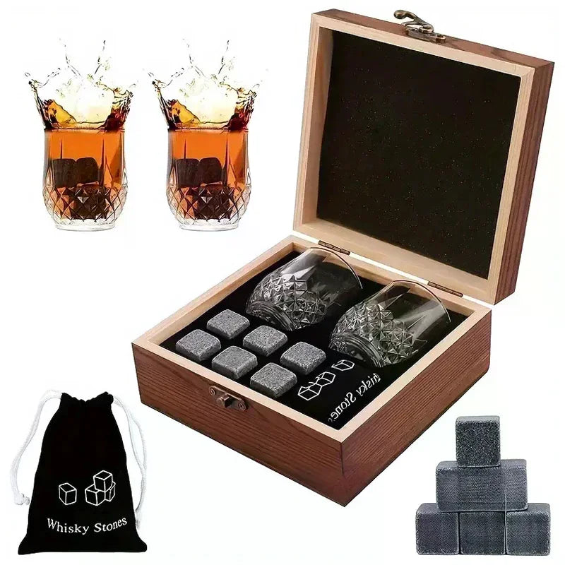 Father'S Day Gift For Men Whiskey Stones Set 8 Pcs Granite Ice Cubes+ 2 Pcs Cups For Whisky In Wooden Bottle Box Present For Dad    Your Coastal Marketplace | Shoreshopper.com