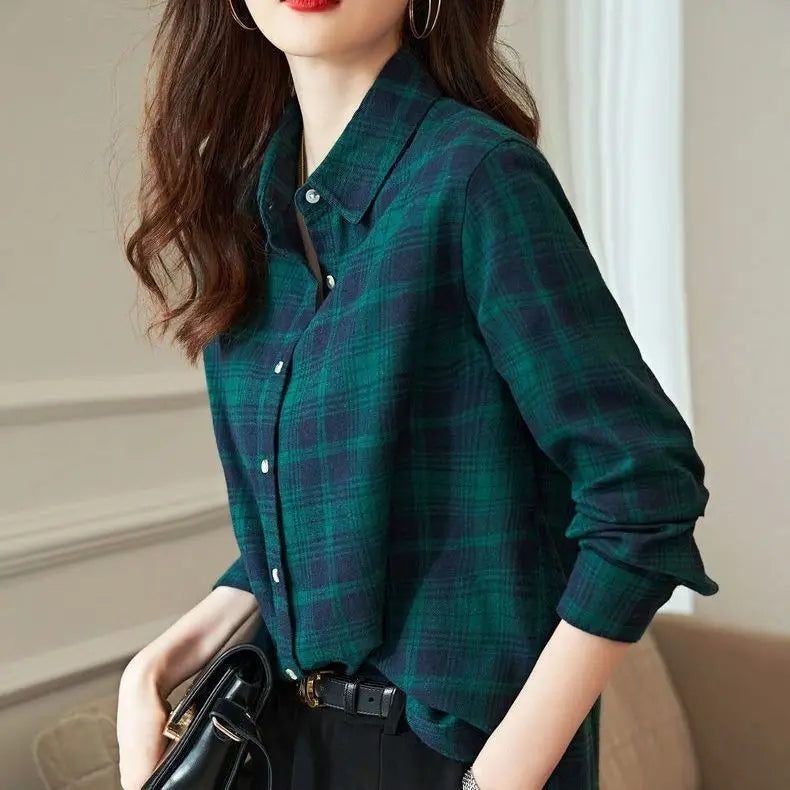 Women's Shirt New Spring Autumn Long Sleeve Single-breasted Polo-neck Casual Printing Plaid Office Lady Elegant Fashion Cardigan    Your Coastal Marketplace | Shoreshopper.com
