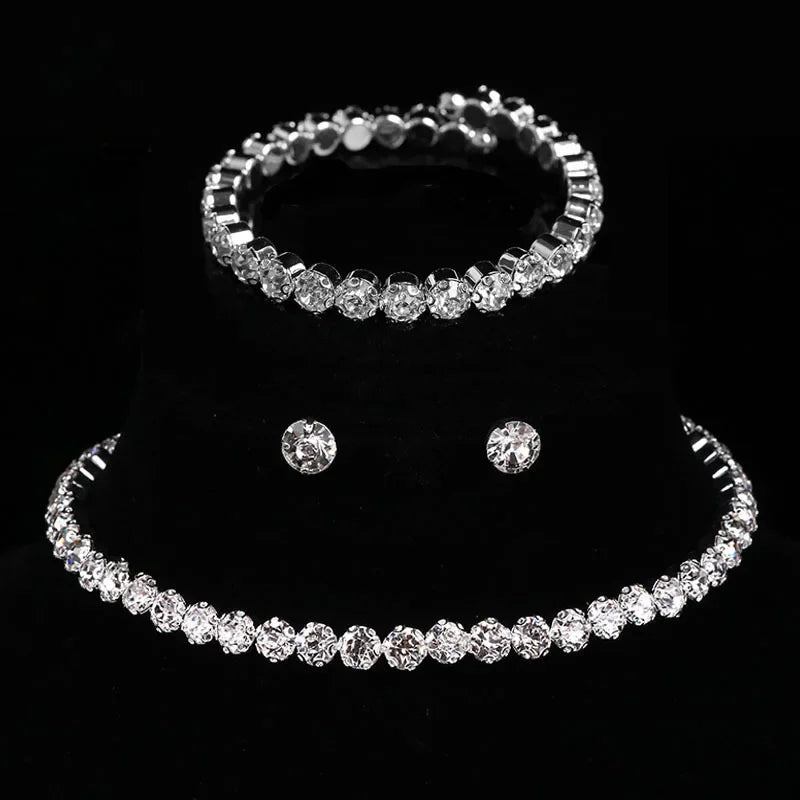 Luxury Round Crystal Jewelry Set for Women Charm Silver Color Bracelet Stud Earring Zircon Chain Necklace Wedding Party Jewelry    Home Decor Supply | Online Retail | ShoreShopper.com