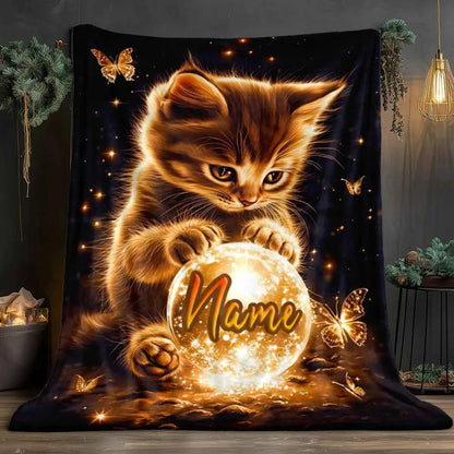 Personalized Kitten Blanket Magical Cat Holding Crystal Ball Name Custom Soft Fleece Throw Blanket Kids Room Decor Gift