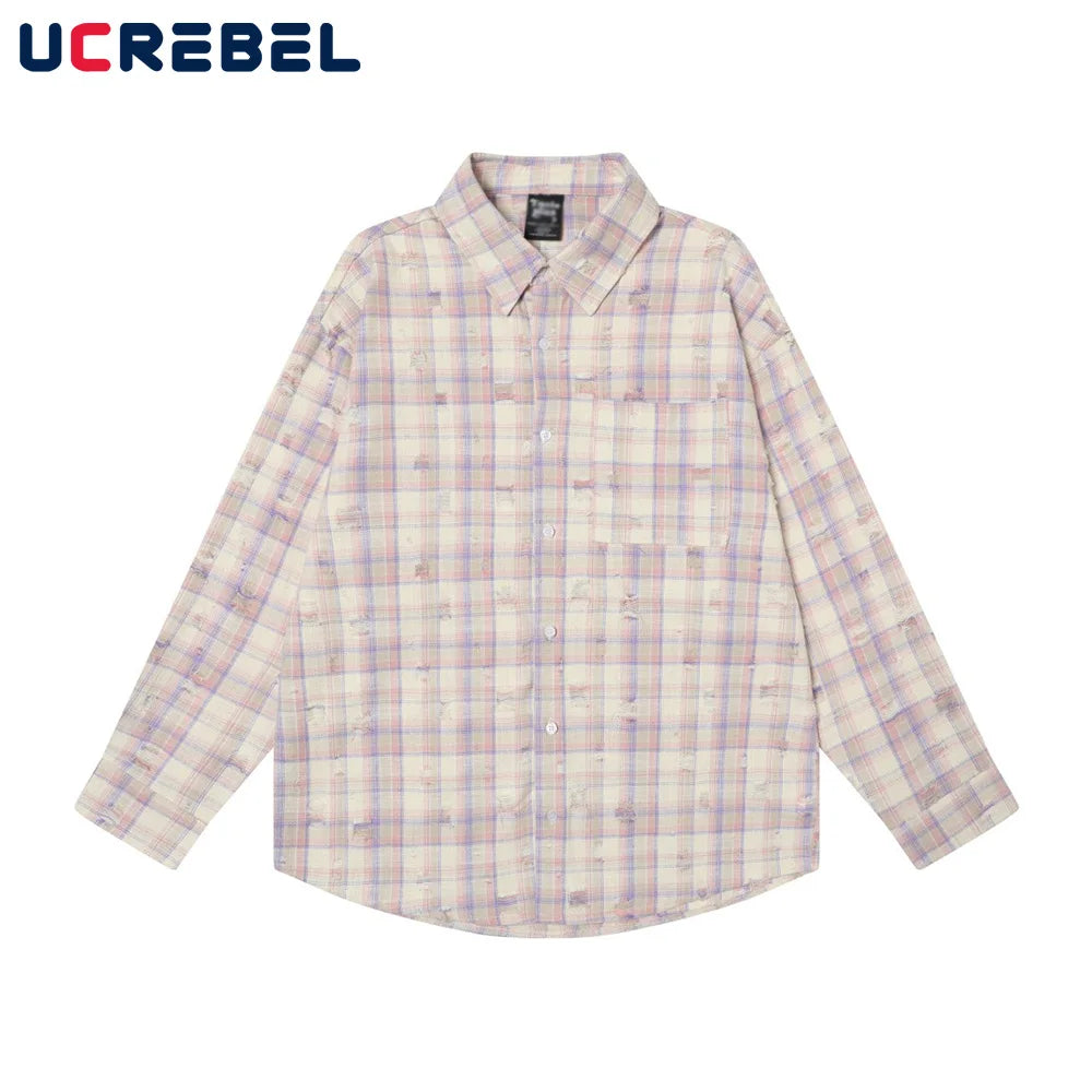 Ripped Plaid Long Sleeve Shirts Mens Pocket Autumn High Street Loose Lapel Single Breasted Checked Shirt Men    Home Decor Supply | Online Retail | ShoreShopper.com