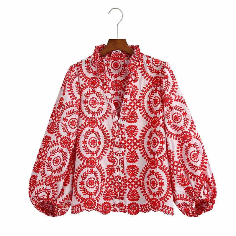 Women Red Floral Embroidered Shirt V Neck Long Sleeve Blouse Down Bohemian T-Shirt Casual Vacation Style Summer Clothing    Your Coastal Marketplace | Shoreshopper.com