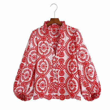 Women Red Floral Embroidered Shirt V Neck Long Sleeve Blouse Down Bohemian T-Shirt Casual Vacation Style Summer Clothing    Your Coastal Marketplace | Shoreshopper.com