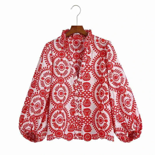 Women Red Floral Embroidered Shirt V Neck Long Sleeve Blouse Down Bohemian T-Shirt Casual Vacation Style Summer Clothing