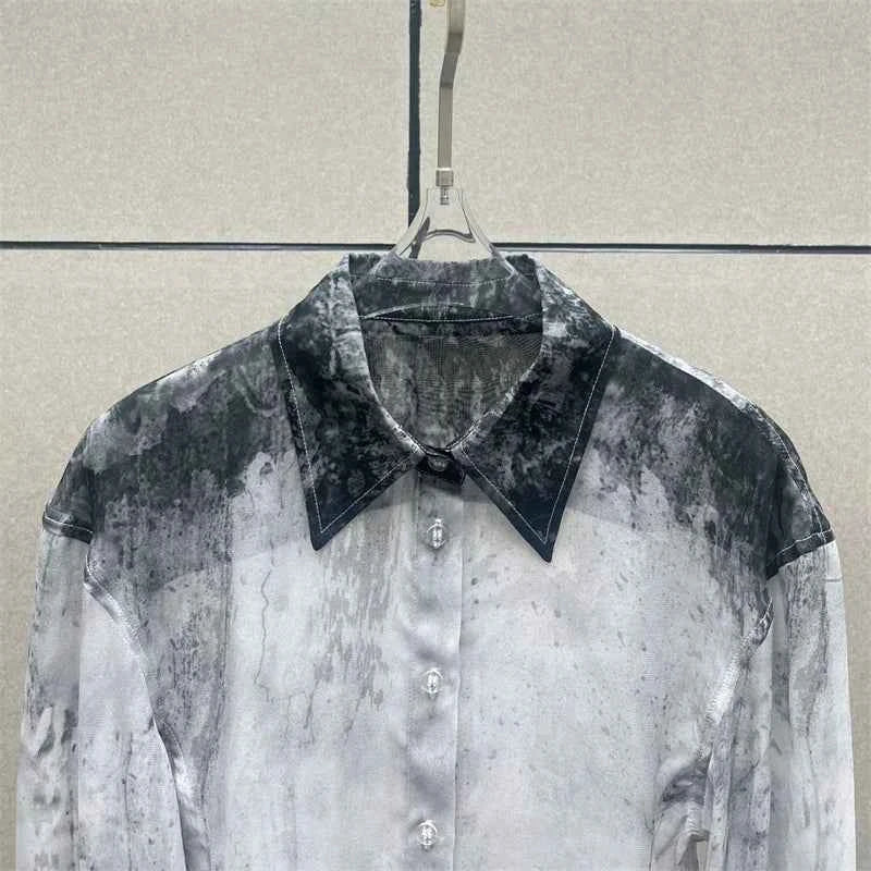 Women's shirt 2026 summer new single breasted slim fit women's long sleeved top Half perspective Ink printed Women's blouse y2k