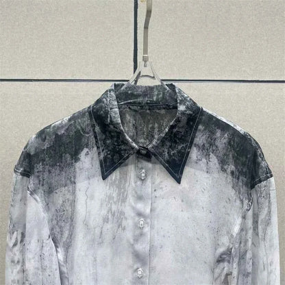 Women's shirt 2026 summer new single breasted slim fit women's long sleeved top Half perspective Ink printed Women's blouse y2k